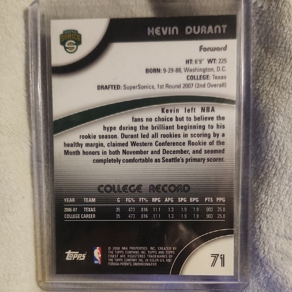 Kevin Durant 07-08 Topps Finest Rookie Seattle Supersonics Card - Picture 2 of 6